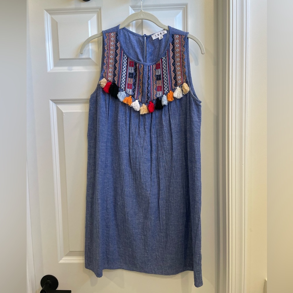 Blue Dress with Embroidered Neck Detail
